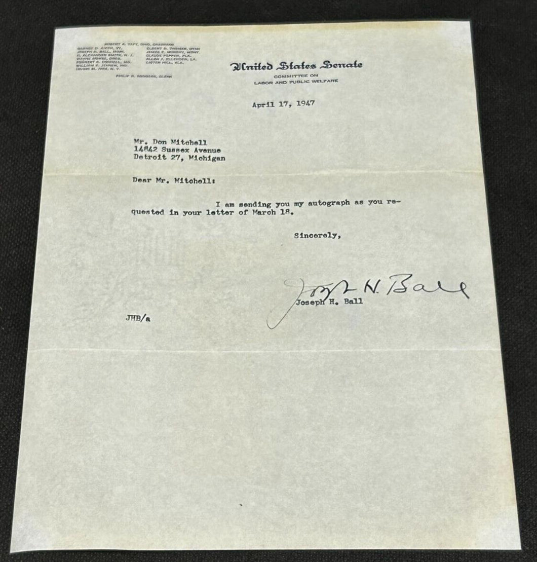 April 17 1947 Autograph letter of Joseph H. Ball Senator of Minnesota, EX