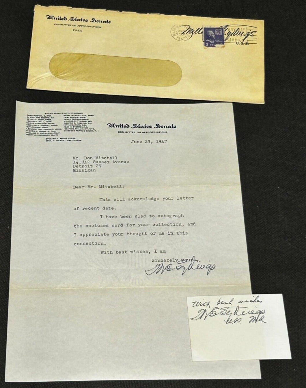 June 23rd 1947 Autograph Letter of Millard E. Tydings Senator of Maryland, EX