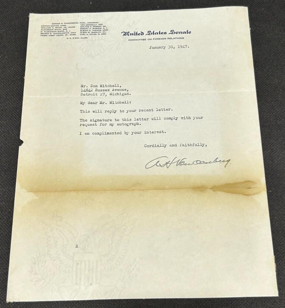 Jan 30th 1947 Autograph Letter of A.H. Vandenberg Senator of Michigan, EX