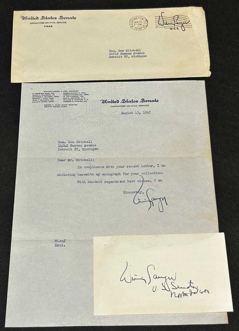 August 13th 1947 Autograph Letter of William Langer Senator of North Dakota, EX