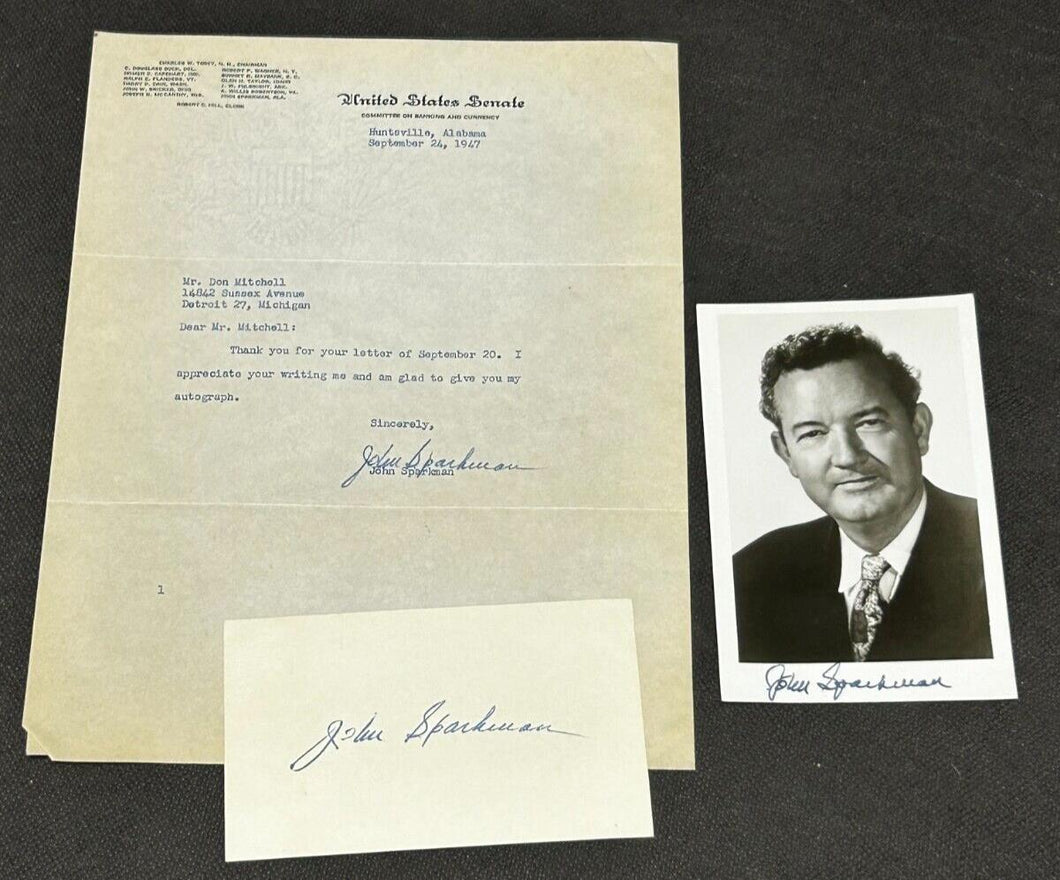 Sept 24 1947 Autograph Letter Photo of John Sparkman Senator of Massachusetts