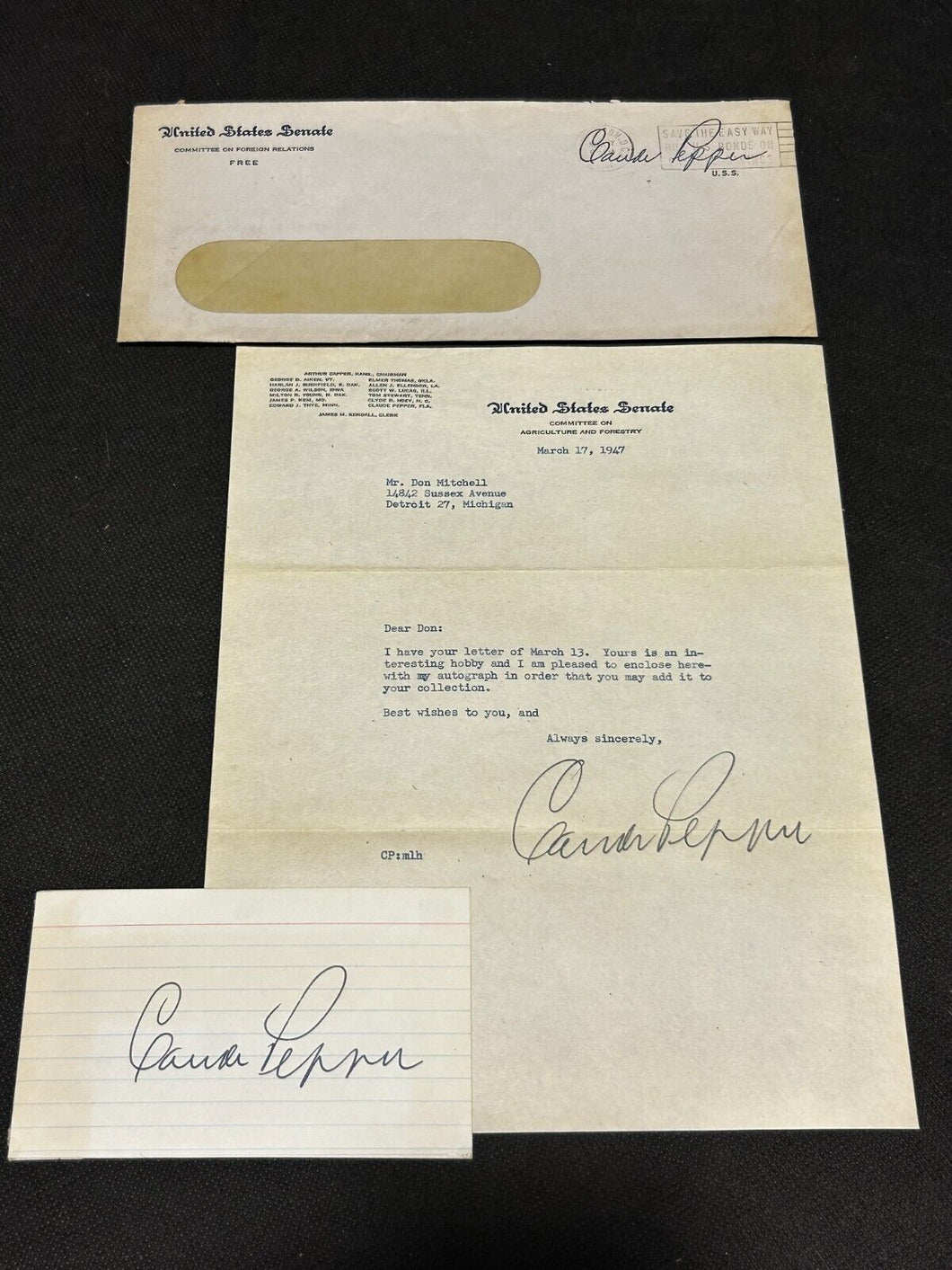 March 17th 1947 Autograph Letter of Claude Pepper Senator of Florida, EX