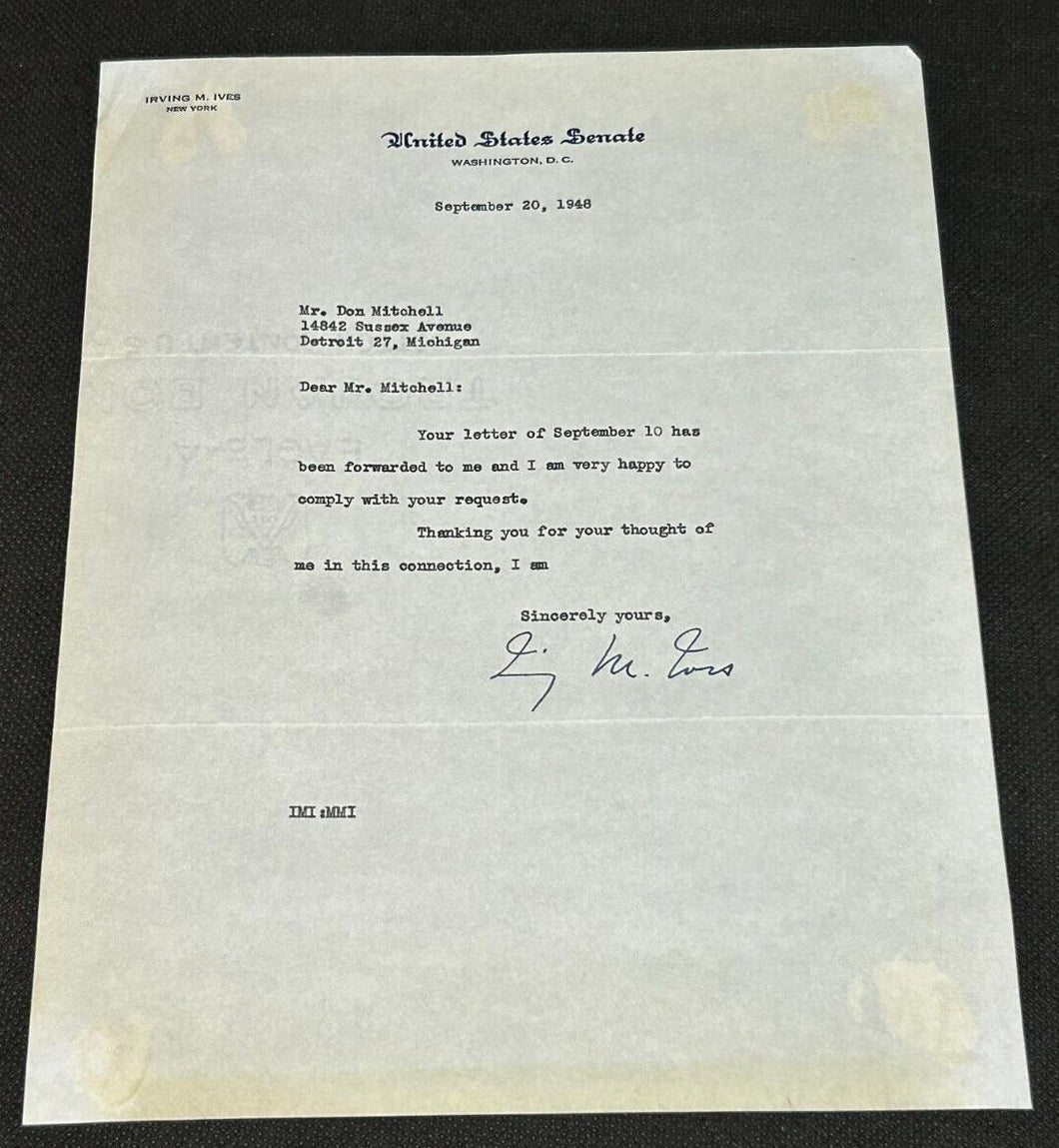 Sept 20th 1948, SIGNED letter by Irving M. Ives Senator of New York, EX