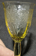 Load image into Gallery viewer, Vintage Yellow Depression Glass Grape &amp; Vine Etched Sherry Glass
