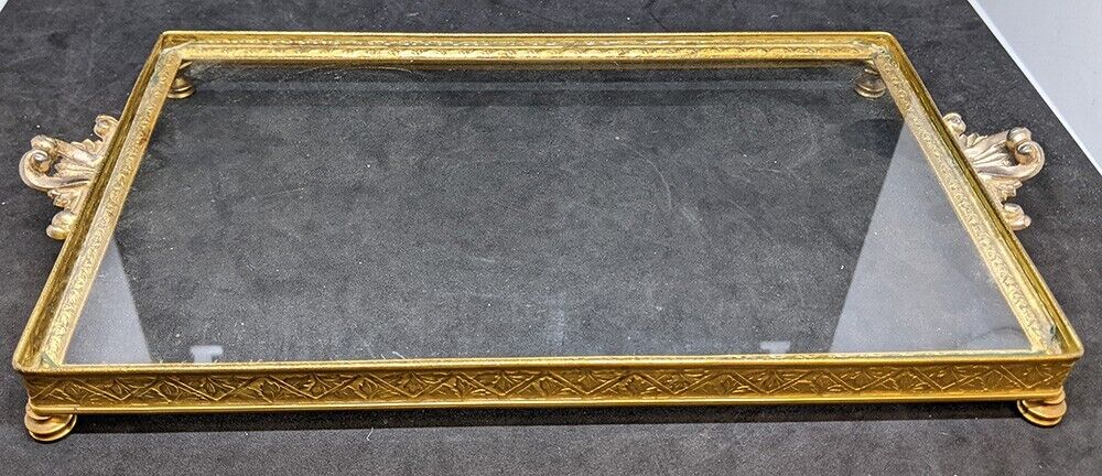 Small Brass Rimmed Footed Tray With Glass Base - As Is