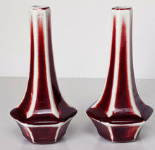 Load image into Gallery viewer, Pair of Asian Ox Blood Red &amp; White Rose Single Stem Bud Vases
