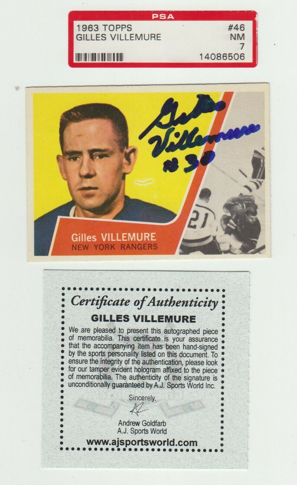 1963 Topps Gilles Villemure #46 Signed Hockey Card w/ PSA NM 7 Cert & Auto COA