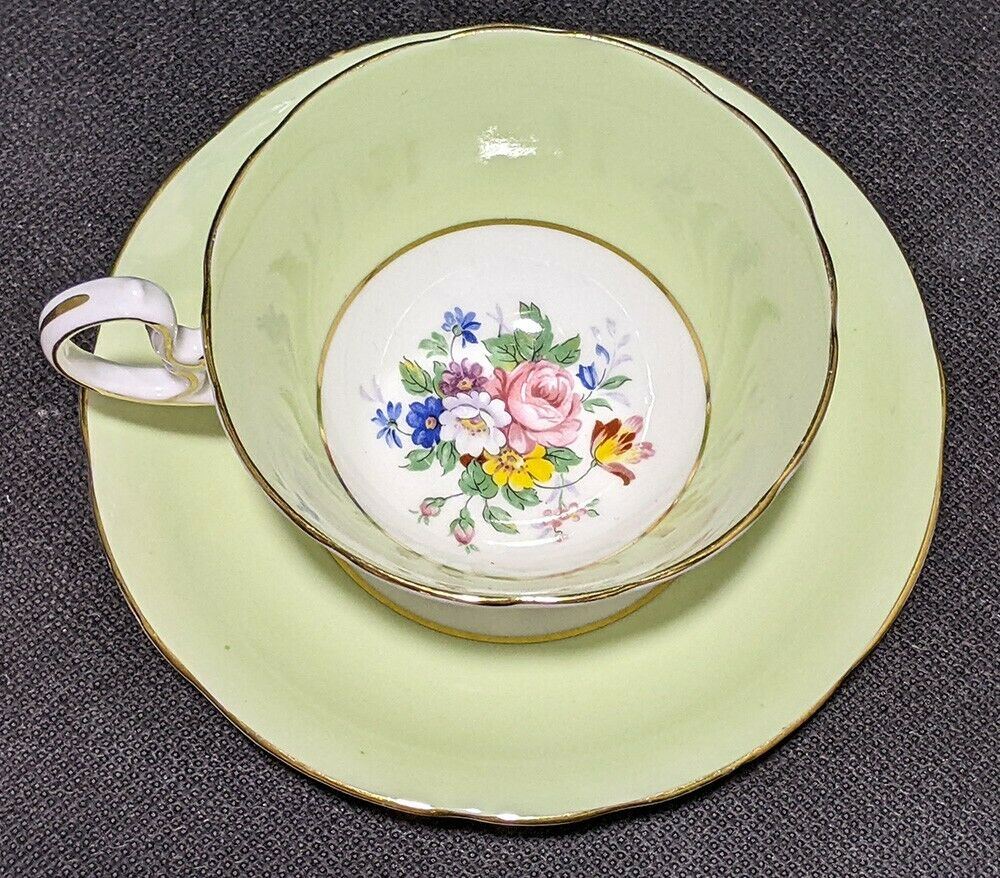 AYNSLEY Fine Bone China Cup & Saucer -- Soft Green, Gold Trim, Bouquet In Bowl