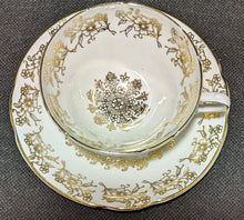 Load image into Gallery viewer, Stanley Fine Bone China Tea Cup &amp; Saucer - Gold Scroll &amp; Flower Detail on White
