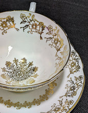 Load image into Gallery viewer, Stanley Fine Bone China Tea Cup &amp; Saucer - Gold Scroll &amp; Flower Detail on White
