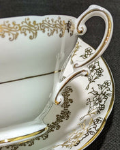 Load image into Gallery viewer, Stanley Fine Bone China Tea Cup &amp; Saucer - Gold Scroll &amp; Flower Detail on White
