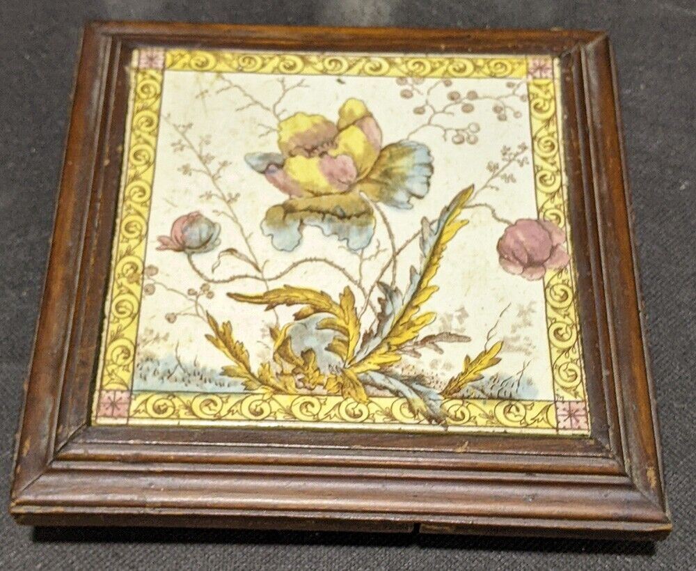Vintage Ceramic Tile by Flaxman -- Footed Wood Base