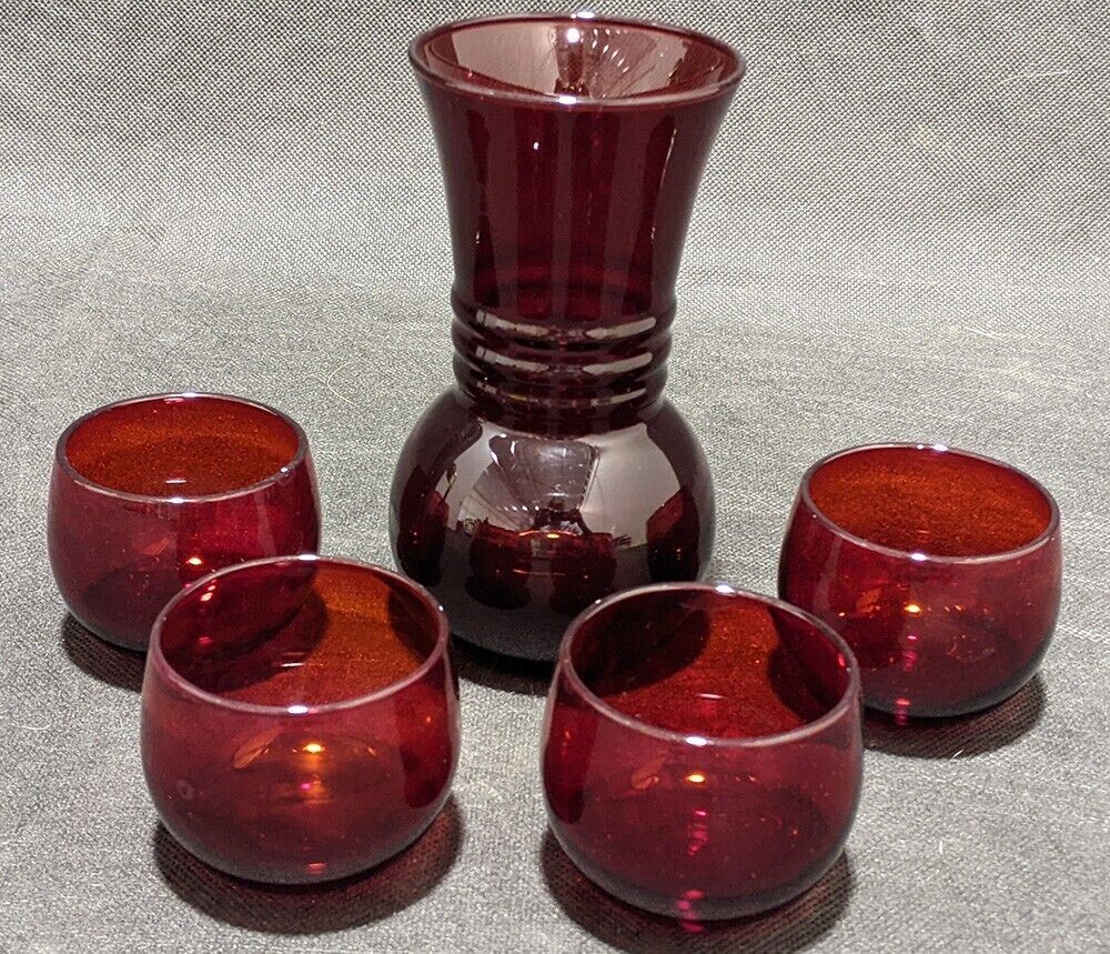 Vintage Cranberry Glass Decanter With 4 Stemless Glasses