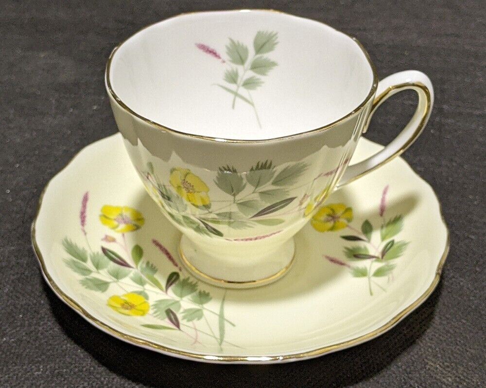 COLCLOUGH Bone China Tea Cup & Saucer - Yellow With Floral Pattern