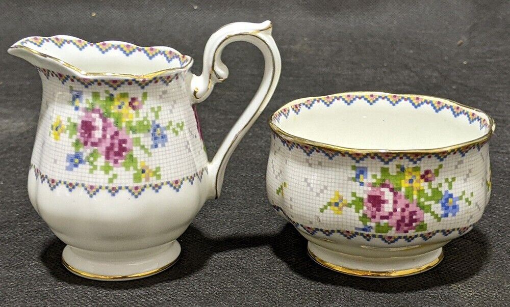Royal Albert Bone China Tea Cup & Saucer Set - Petit Point - Cream & Sugar