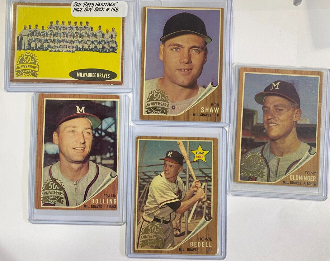 2011 Topps Heritage 50th Anniversary 1962 Buybacks Milwaukee Braves lot of 5