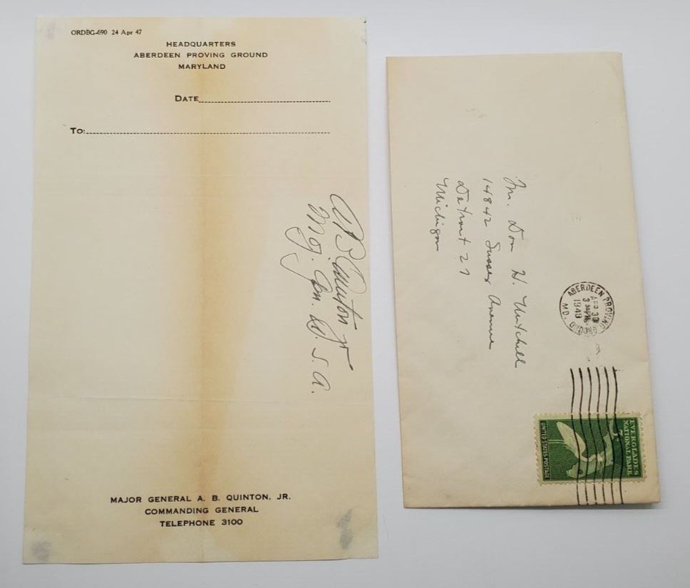 Military Letter Major General A.B. Quinton Jr. (w/ envelope)