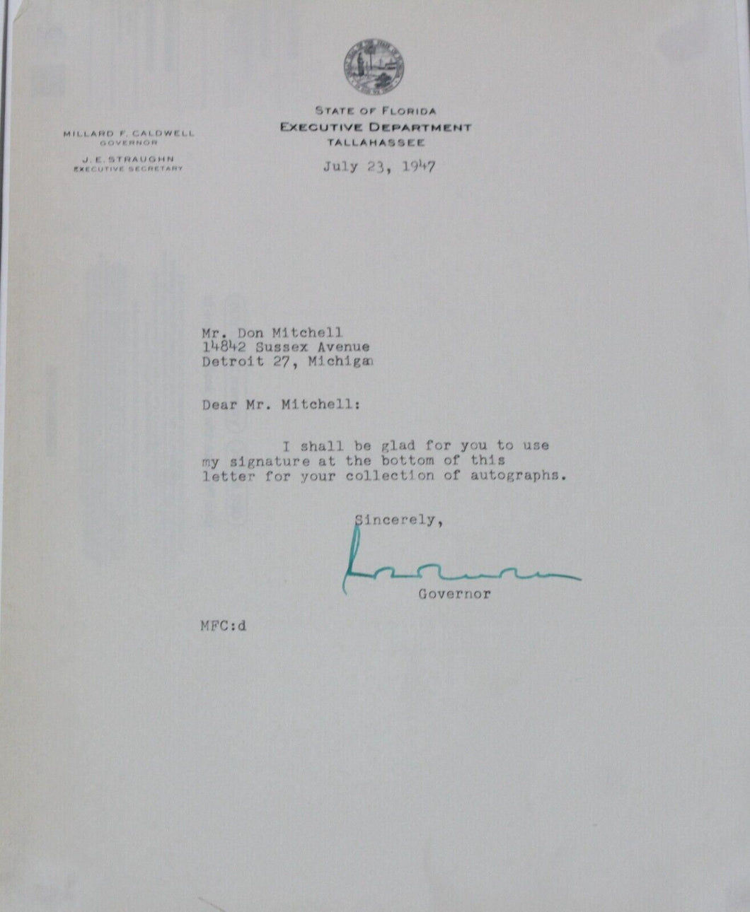 Millard Caldwell Autograph (Governor of Florida, 1945-1949)