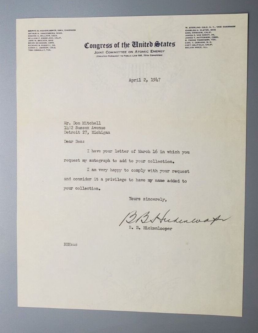 1947 Autograph B.B. Hickenlooper Signed Congress of the United States