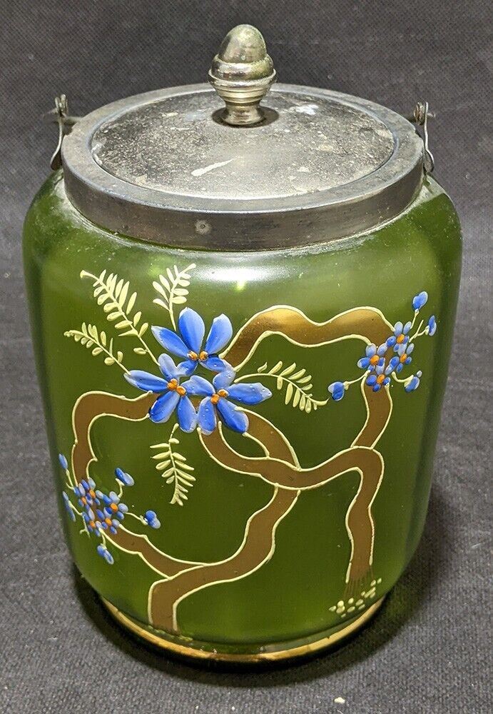 Vintage Hand Painted Green Glass Biscuit Barrel - As Is