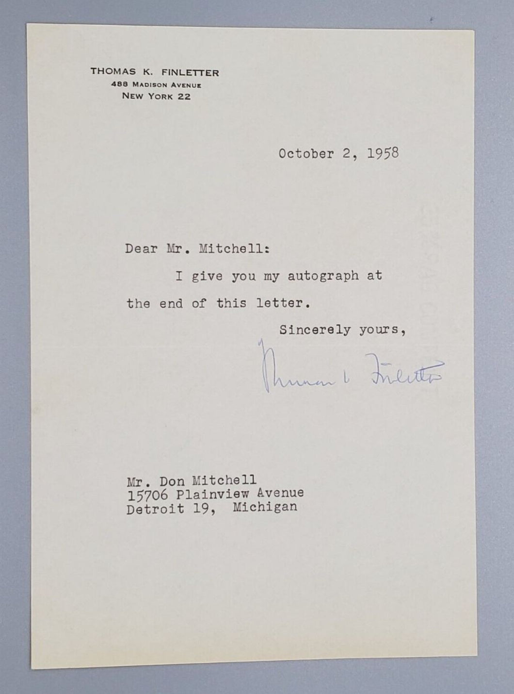 1958 United Nations Ambassador to Nato Autograph Signed
