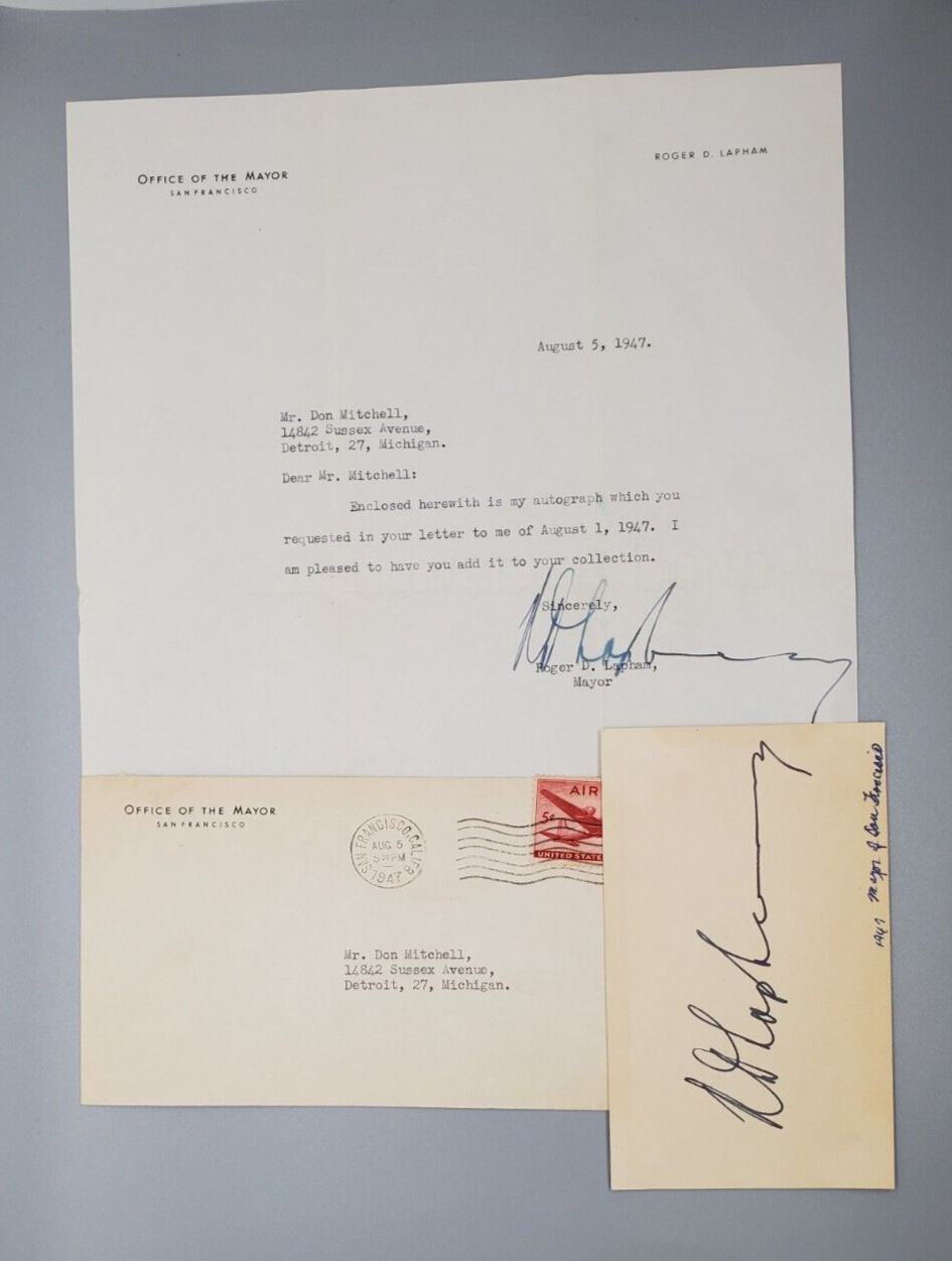1947 San Francisco Mayor Roger D. Lapham Autograph Signed w/ Envelope