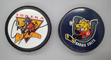 Load image into Gallery viewer, Hockey Pucks Lot - Topeka ScareCrows &amp; Barrie Colts
