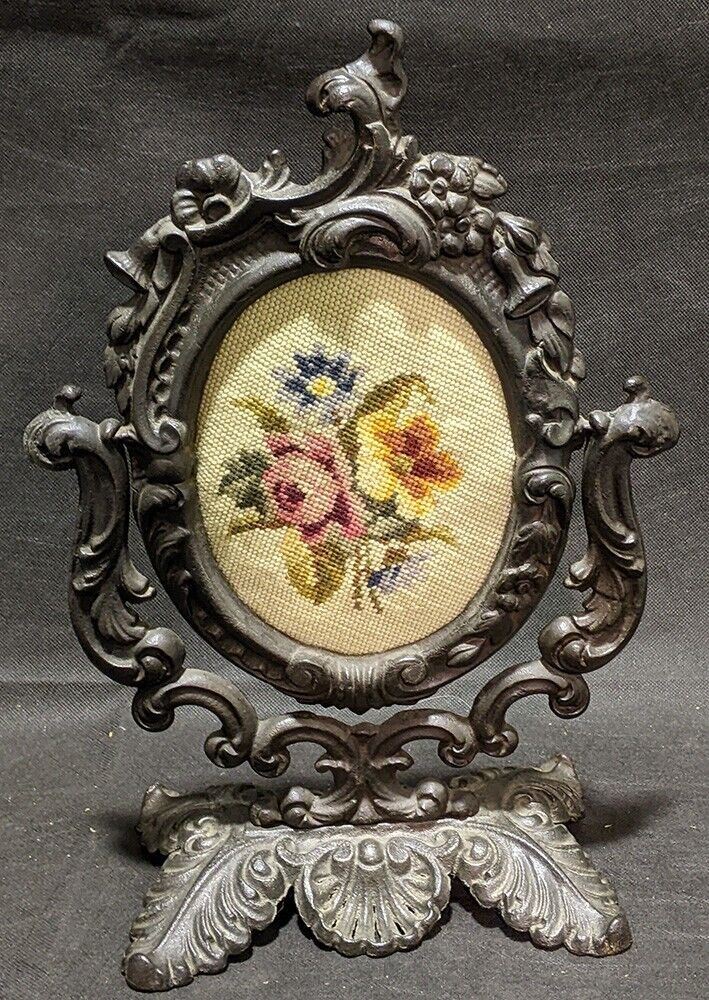 Art Nouveau Dresser Swinging Mirror Frame With Needlepoint Artwork