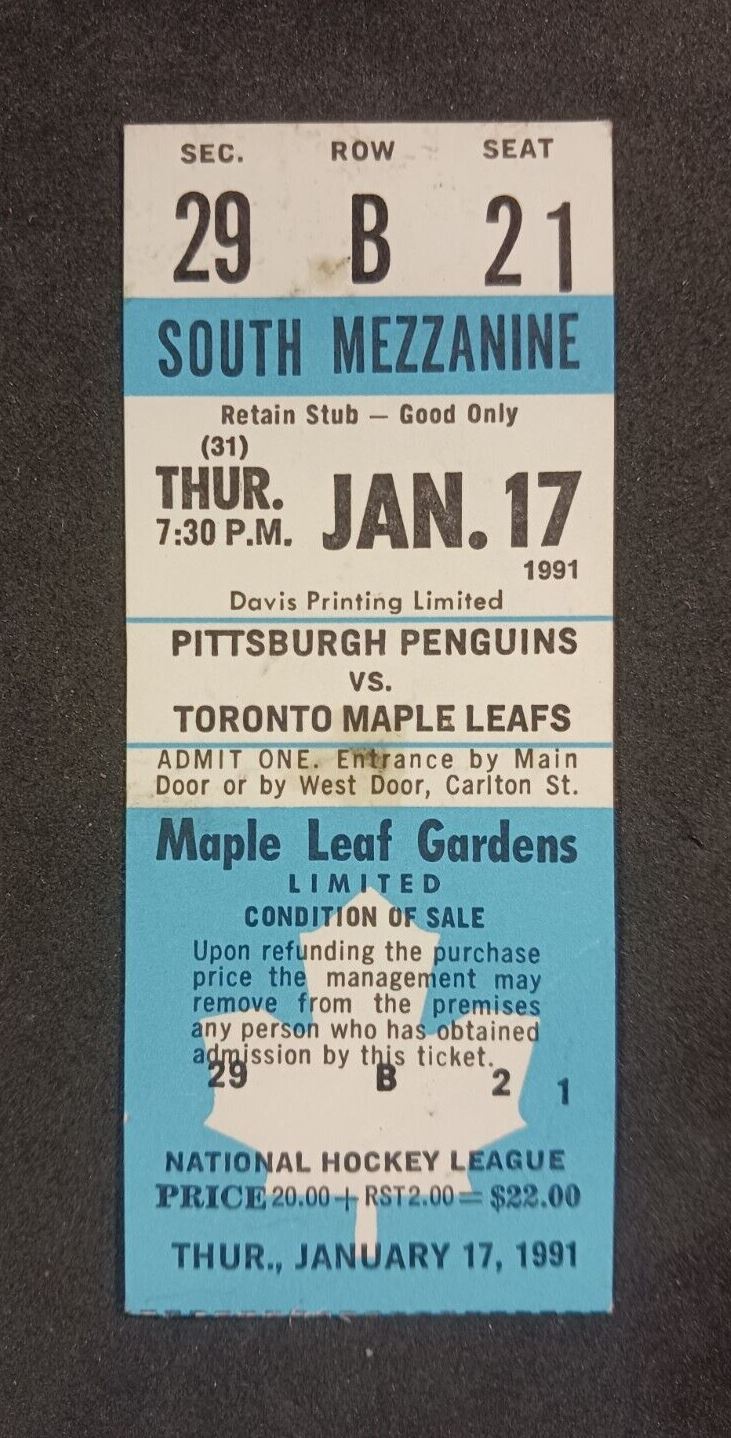 1991 Maple Leafs vs Penguins Tickets Stub