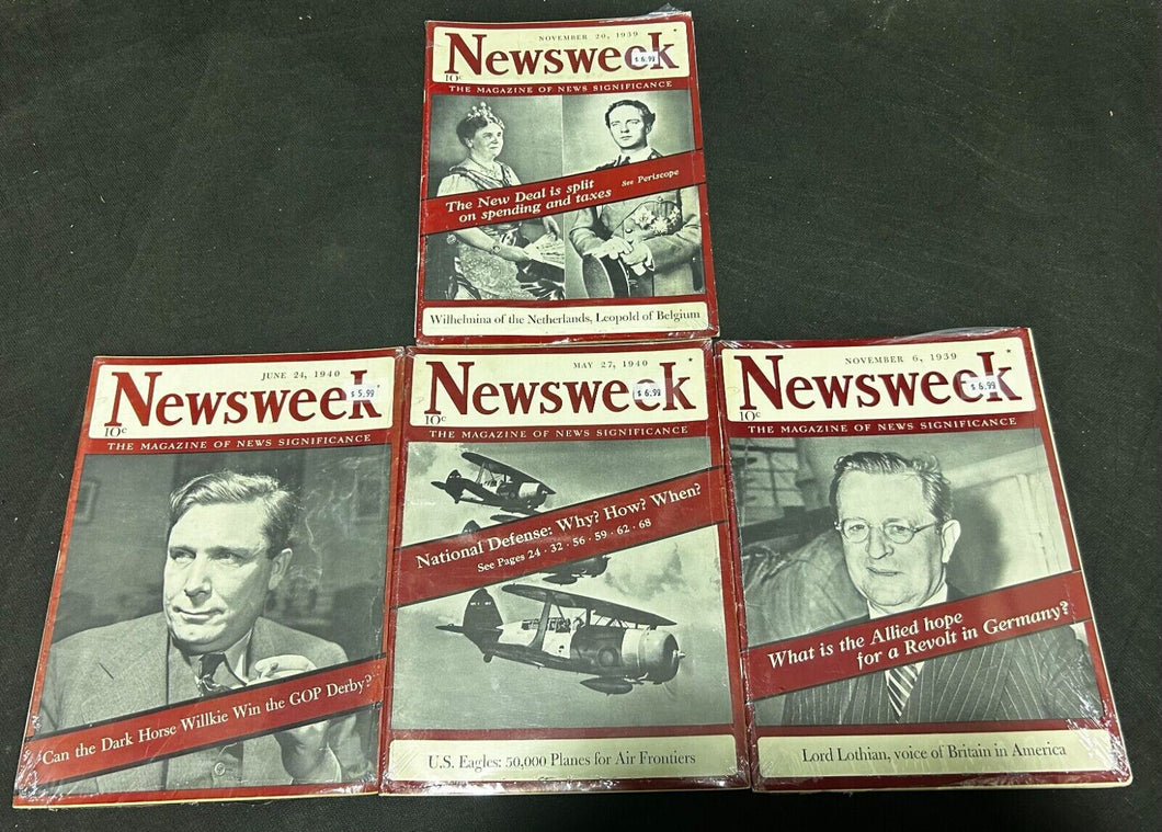 Vintage 1939-40 Newsweek Magazines lot of 4 , EX condition