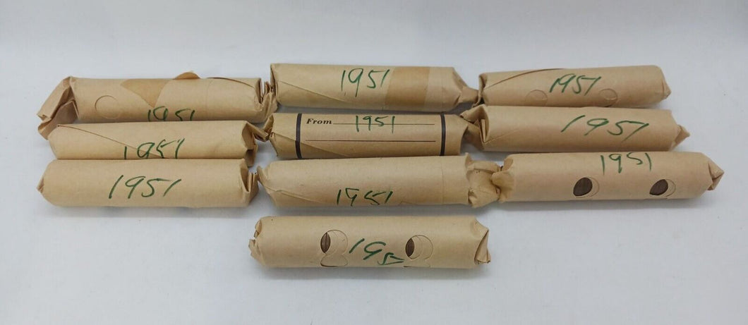 1951 Canadian Pennies (50 coins per roll) 10 Rolls