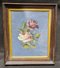 Load image into Gallery viewer, Framed Needlepoint - Cabbage Roses - Pink on Blue Background
