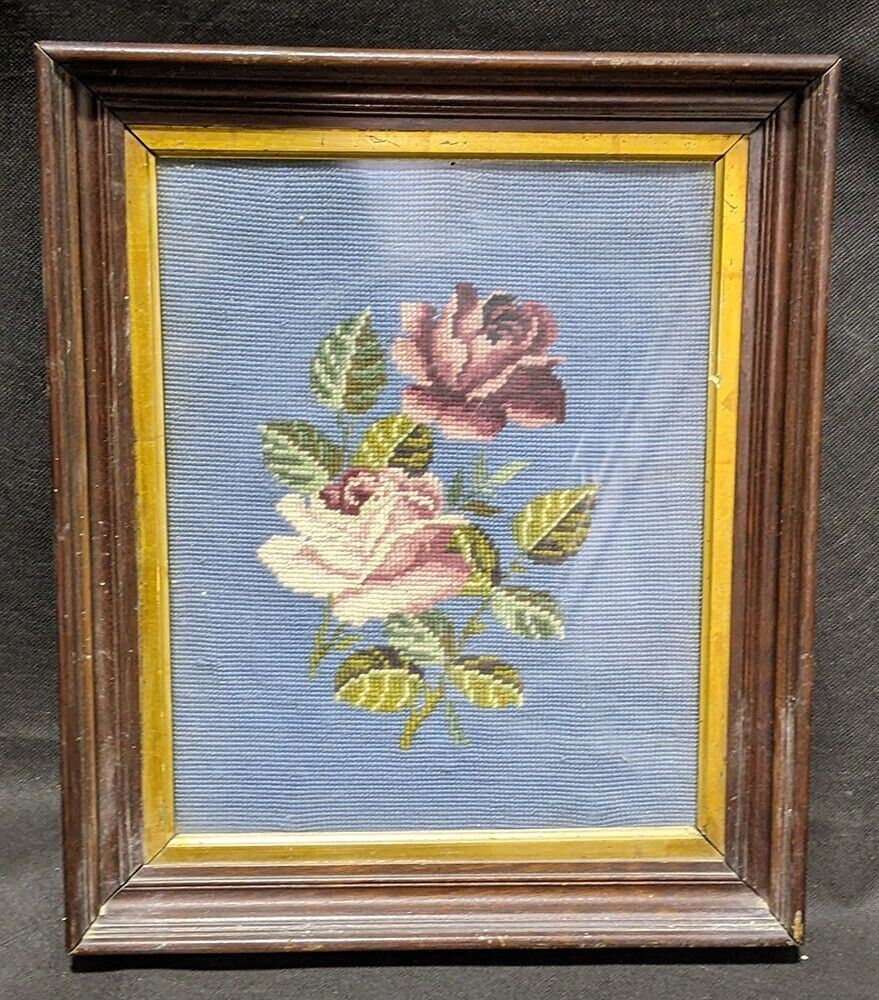 Framed Needlepoint - Cabbage Roses - Pink on Blue Background