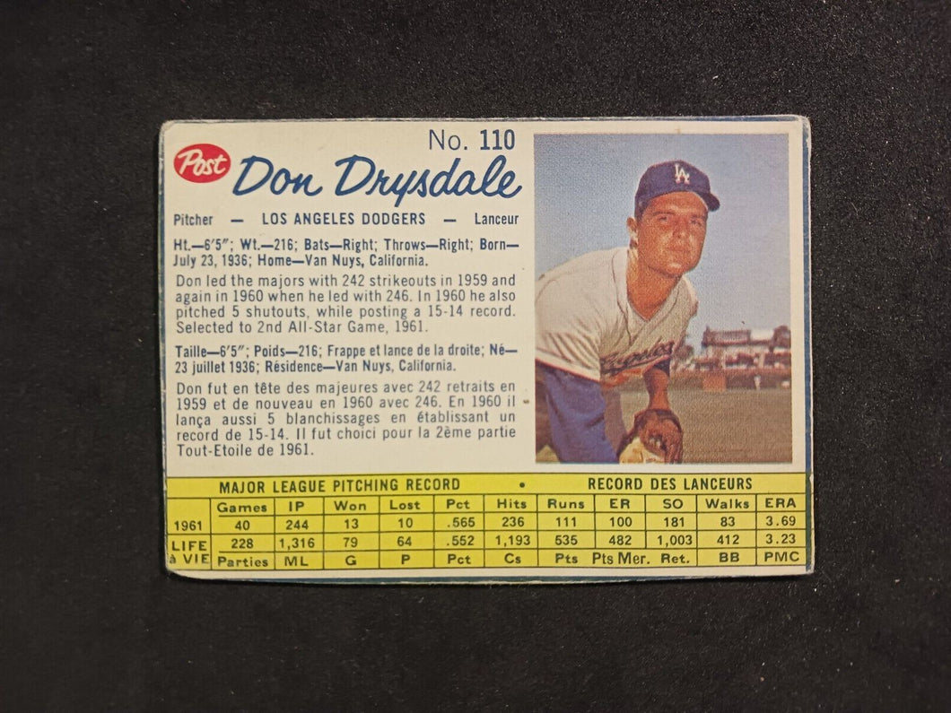 1962 Post Canadian Don Drysdale #110 Baseball Card Hand Cut