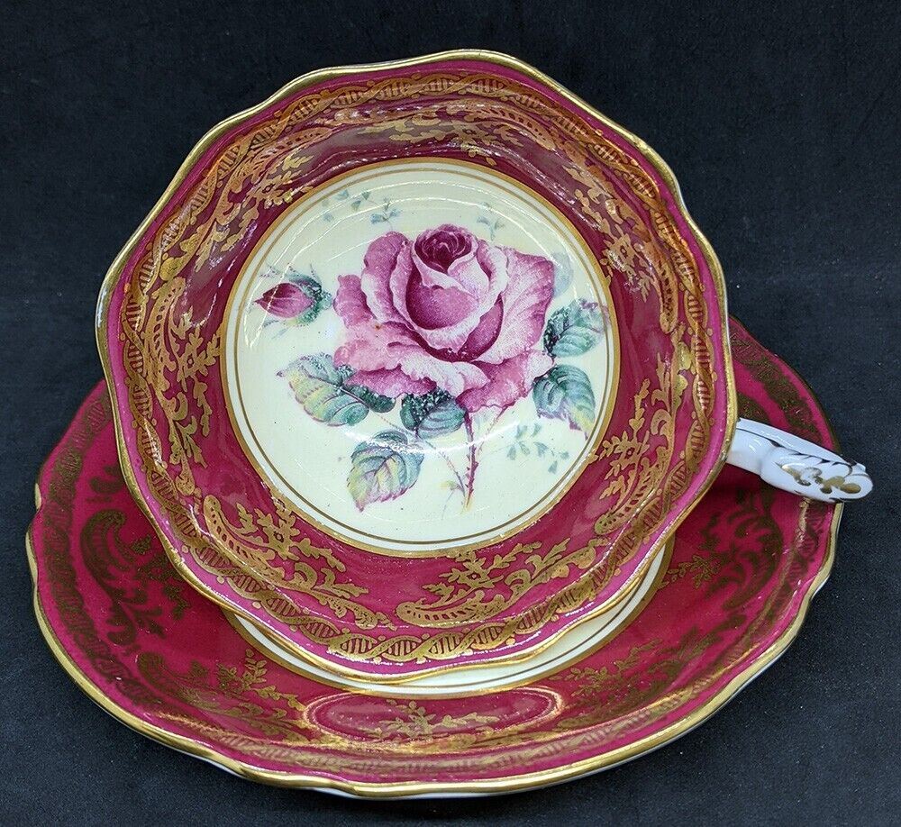 Double Warrant PARAGON Red, Gold & Large Cabbage Rose Teacup & Saucer J6905/2