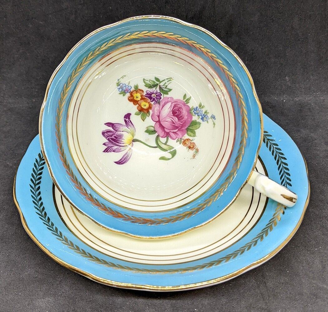 AYNSLEY Fine Bone China Teacup & Saucer - Teal, Gold & Floral Bouquet