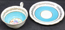 Load image into Gallery viewer, Blue, Gold Trim Aynsley Bone China Cup and Saucer w/ Flower Bouquet Center
