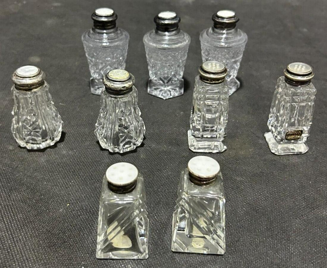 Sterling Silver and Cut Crystal lot of 9 pieces of Salt and Pepper shakers