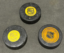 Load image into Gallery viewer, NHL Hockey Viceroy Maple Leaf&#39;s 2 game pucks and Trench Maple Leaf&#39;s, EX+
