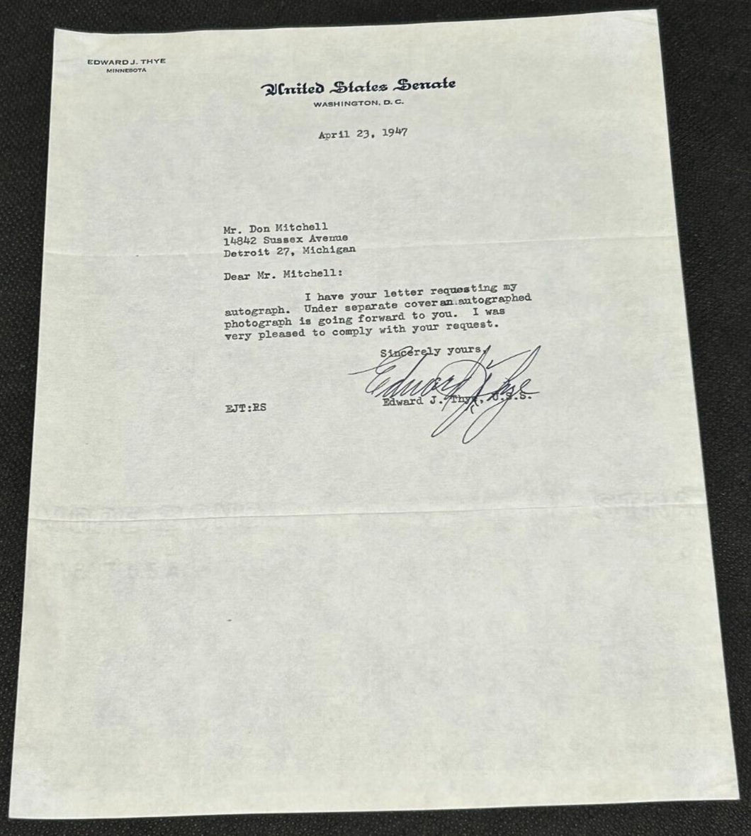 April 23rd 1947 Autograph Letter of Edward J. Thye Senator of Minnesota, EX