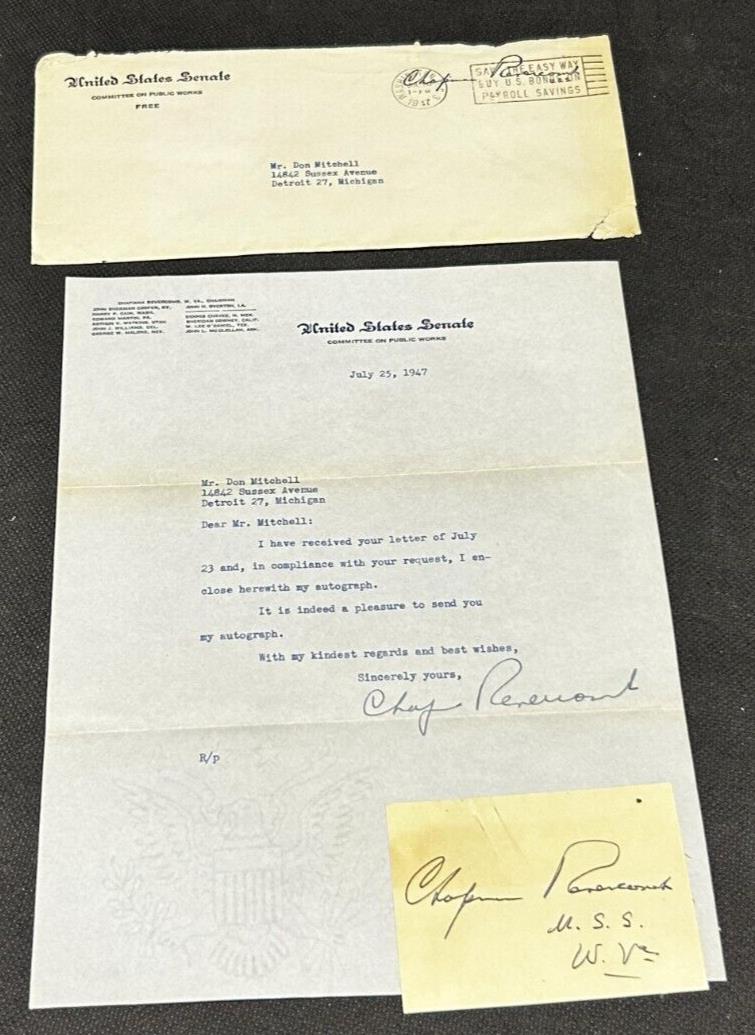 July 25th 1947 Autograph of Chapman Revercomb Senator of West Virginia, EX