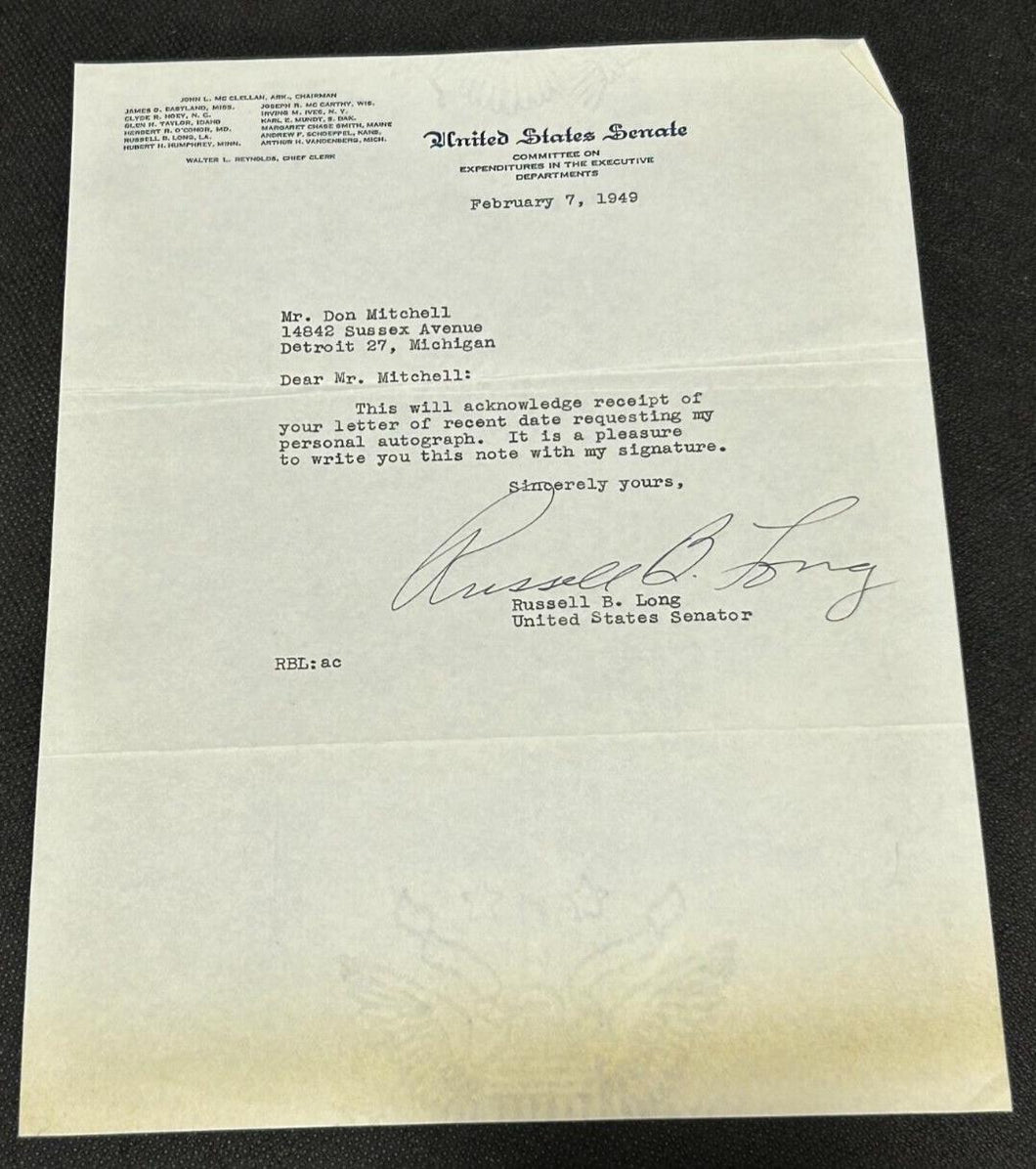 February 7th 1949, SIGNED letter by Russell B. Long Senator of Louisiana, EX