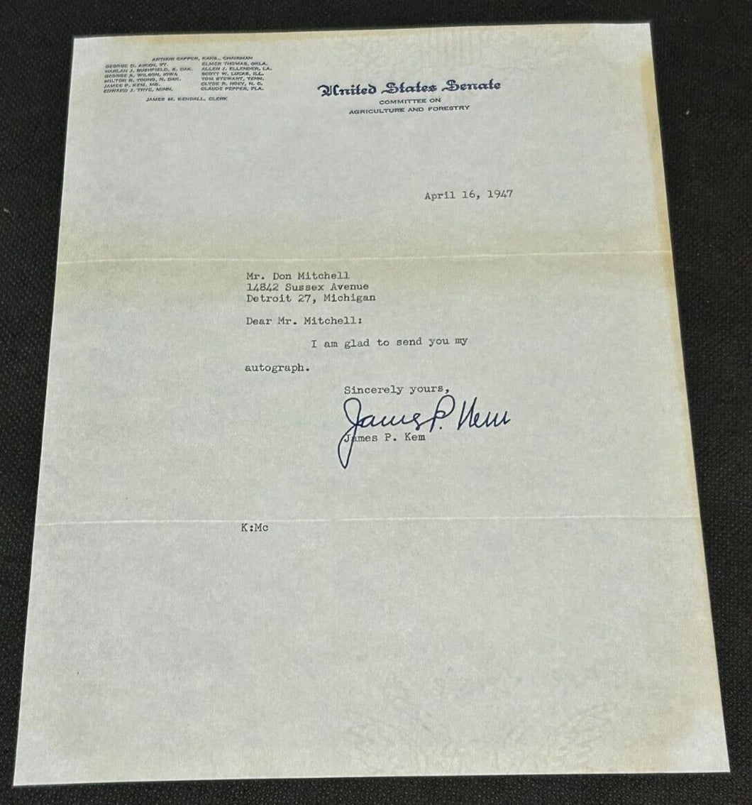 April 16th 1947, SIGNED letter by James P. Kem Senator of Missouri, EX