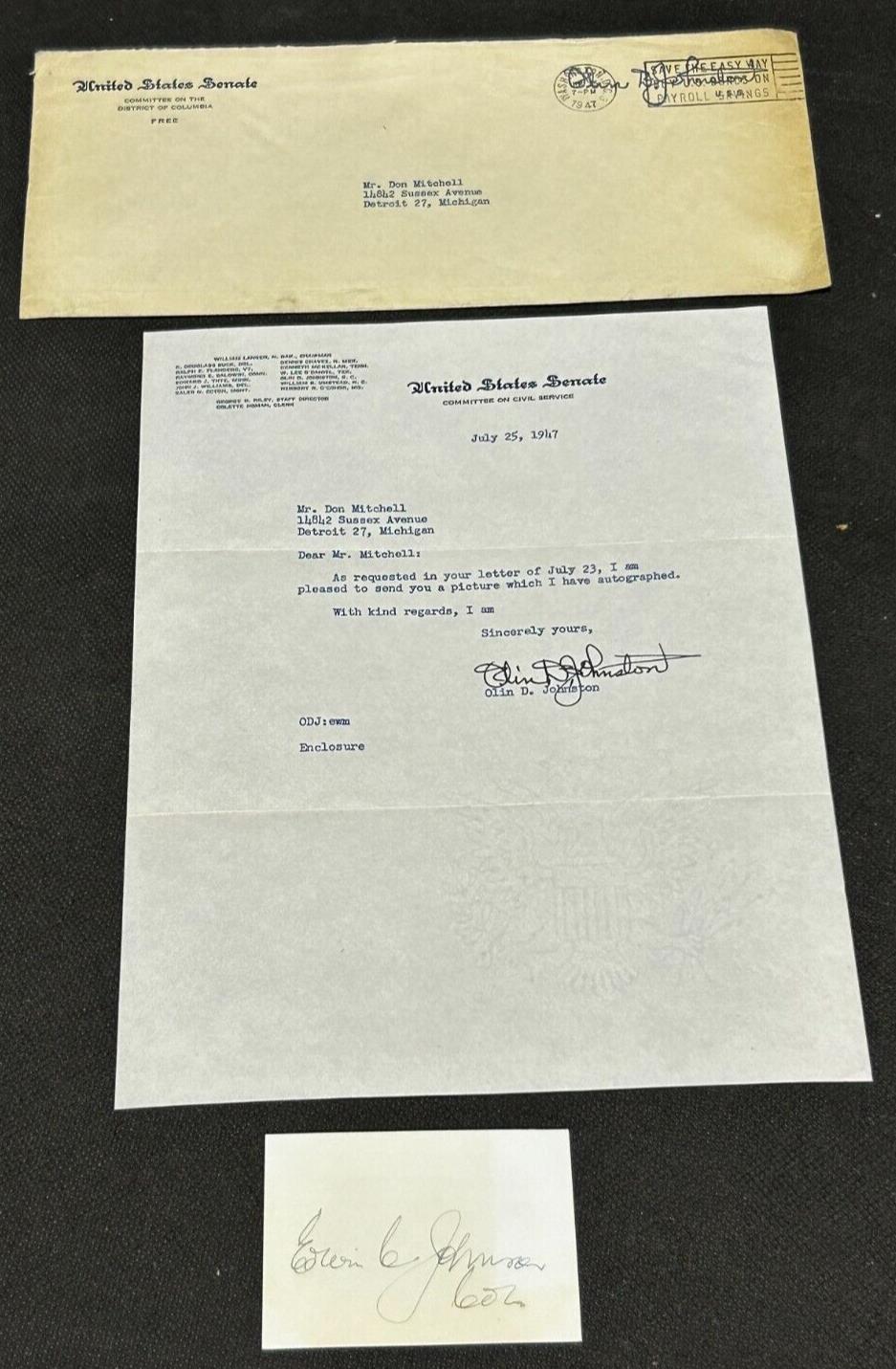 July 25th 1947, SIGNED letter by Olin D. Johnston Senator of South Carolina, EX