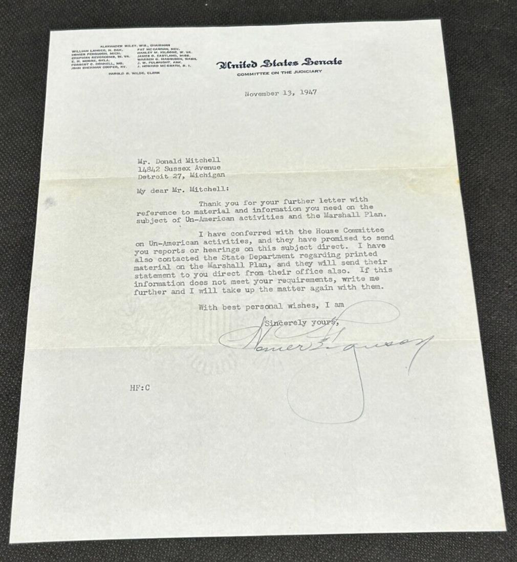 November 13th 1947 Autograph Letter of Homer Ferguson Senator of Michigan, EX