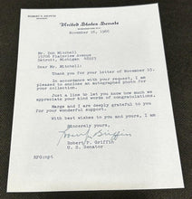 Load image into Gallery viewer, November 16th 1966 Autograph Letter of Robert Griffin Senator of Michigan, EX
