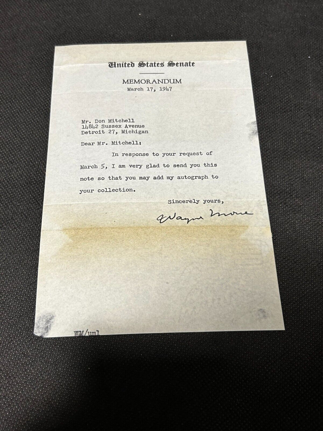 March 17th 1947 Autograph Letter of Wayne Morse Senator of Oregon, EX