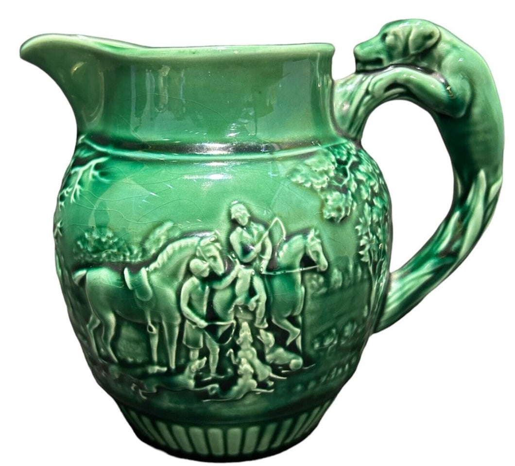 Vintage WEDGWOOD HUNTING SCENE GREEN MAJOLICA PITCHER JUG 6