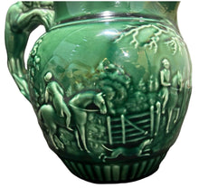 Load image into Gallery viewer, Vintage WEDGWOOD HUNTING SCENE GREEN MAJOLICA PITCHER JUG 6&quot;Hx7.5&quot;W
