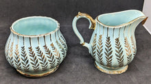 Load image into Gallery viewer, Vintage SADLER Teal With Gold Sheaf Detail Creamer &amp; Open Sugar Bowl
